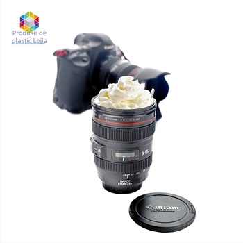 Cana de cafea în formă de obiectiv de cameră, din plastic, cu capac, personalizabilă, cu logo imprimat