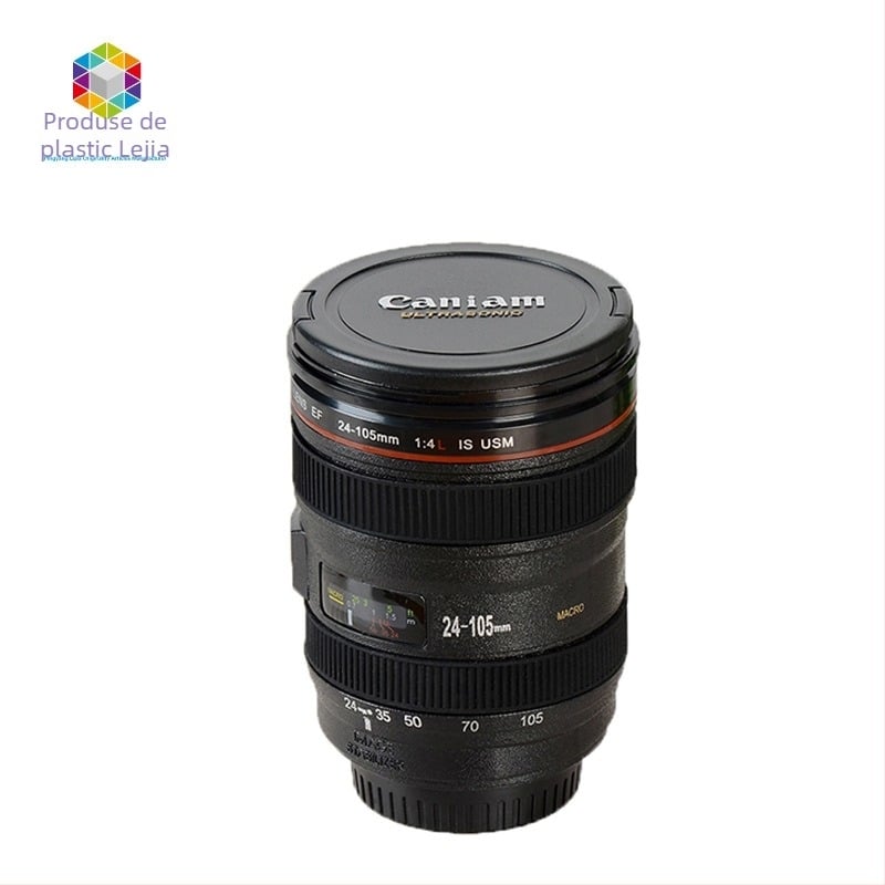 Cana de cafea în formă de obiectiv de cameră, din plastic, cu capac, personalizabilă, cu logo imprimat