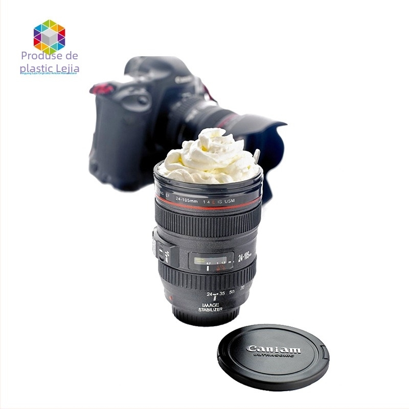 Cana de cafea în formă de obiectiv de cameră, din plastic, cu capac, personalizabilă, cu logo imprimat