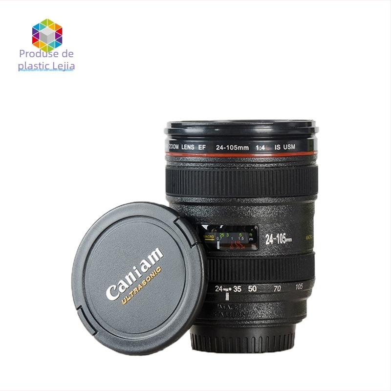 Cana de cafea în formă de obiectiv de cameră, din plastic, cu capac, personalizabilă, cu logo imprimat