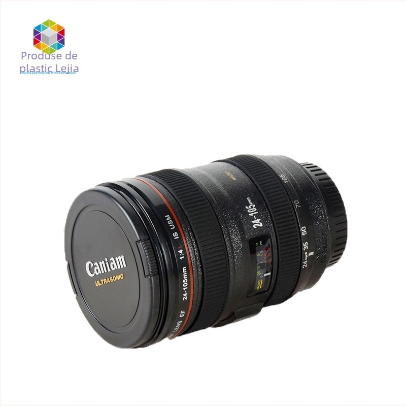 Cana de cafea în formă de obiectiv de cameră, din plastic, cu capac, personalizabilă, cu logo imprimat