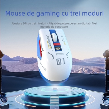 Mouse Bluetooth cu afișaj digital, trei moduri de conectivitate, DPI reglabil 800/1200/1600, încărcare Type-C, 5 butoane, model M1, alb