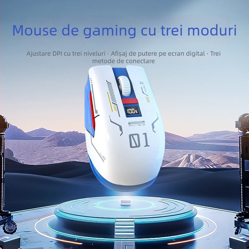 Mouse Bluetooth cu afișaj digital, trei moduri de conectivitate, DPI reglabil 800/1200/1600, încărcare Type-C, 5 butoane, model M1, alb