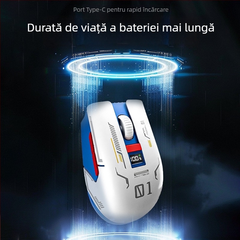 Mouse Bluetooth cu afișaj digital, trei moduri de conectivitate, DPI reglabil 800/1200/1600, încărcare Type-C, 5 butoane, model M1, alb