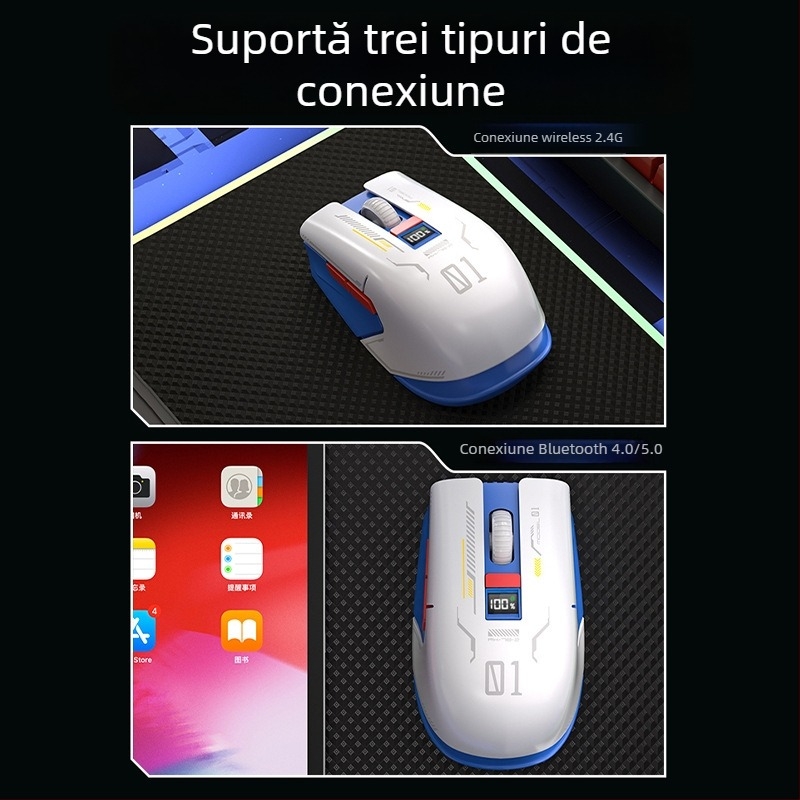 Mouse Bluetooth cu afișaj digital, trei moduri de conectivitate, DPI reglabil 800/1200/1600, încărcare Type-C, 5 butoane, model M1, alb
