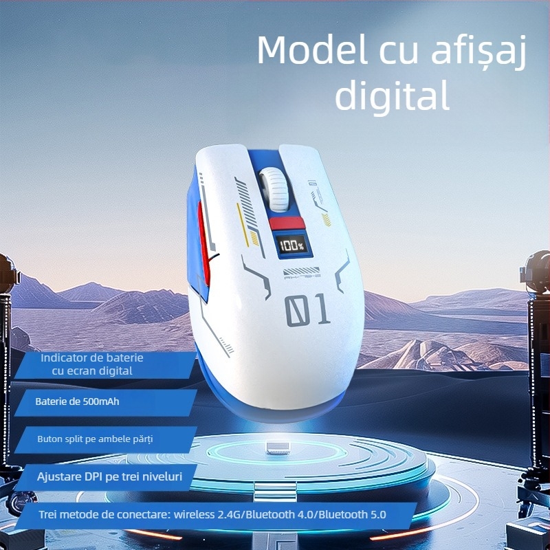 Mouse Bluetooth cu afișaj digital, trei moduri de conectivitate, DPI reglabil 800/1200/1600, încărcare Type-C, 5 butoane, model M1, alb