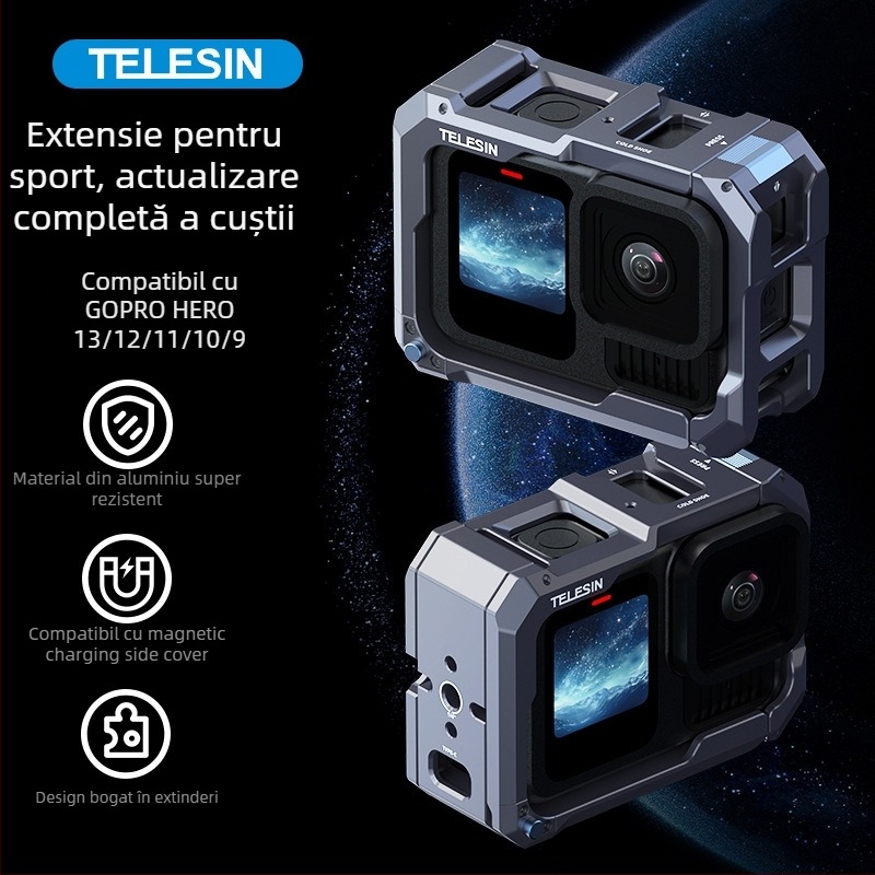 Telesin GP13 cutie metală pentru GoPro – model actualizat, compatibil cu HERO 9–13, aliaj de aluminiu, cod produs S6-fms-15-tgp
