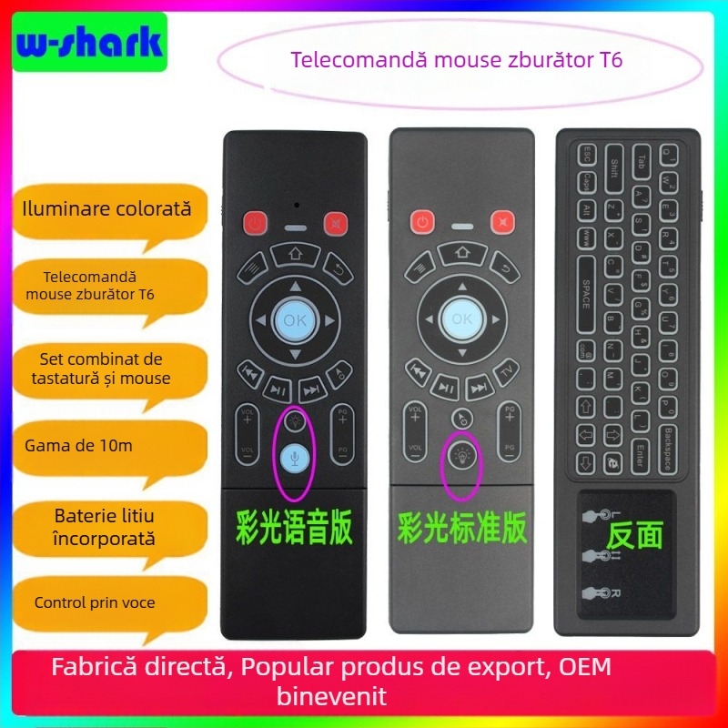 Tastatură și mouse wireless dual‑sided pentru set‑top box, proiector și smart TV — model T6, interfață USB, rază de 10 m, greutate 0,18 kg