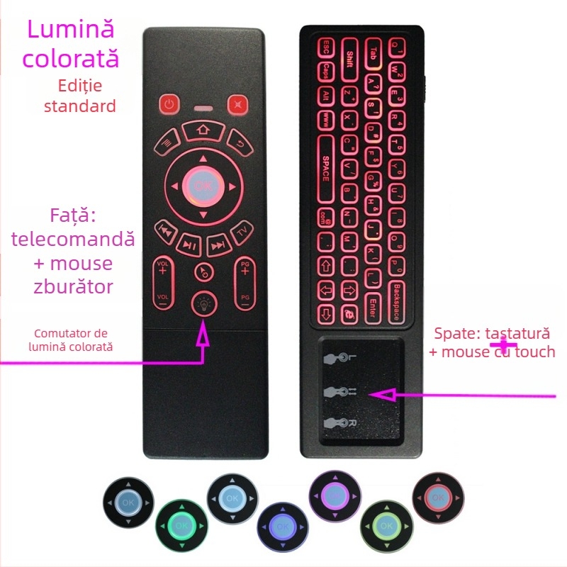 Tastatură și mouse wireless dual‑sided pentru set‑top box, proiector și smart TV — model T6, interfață USB, rază de 10 m, greutate 0,18 kg