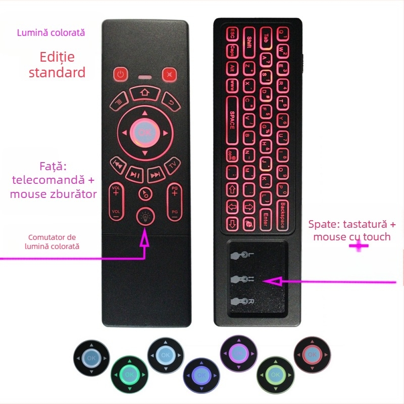 Tastatură și mouse wireless dual‑sided pentru set‑top box, proiector și smart TV — model T6, interfață USB, rază de 10 m, greutate 0,18 kg