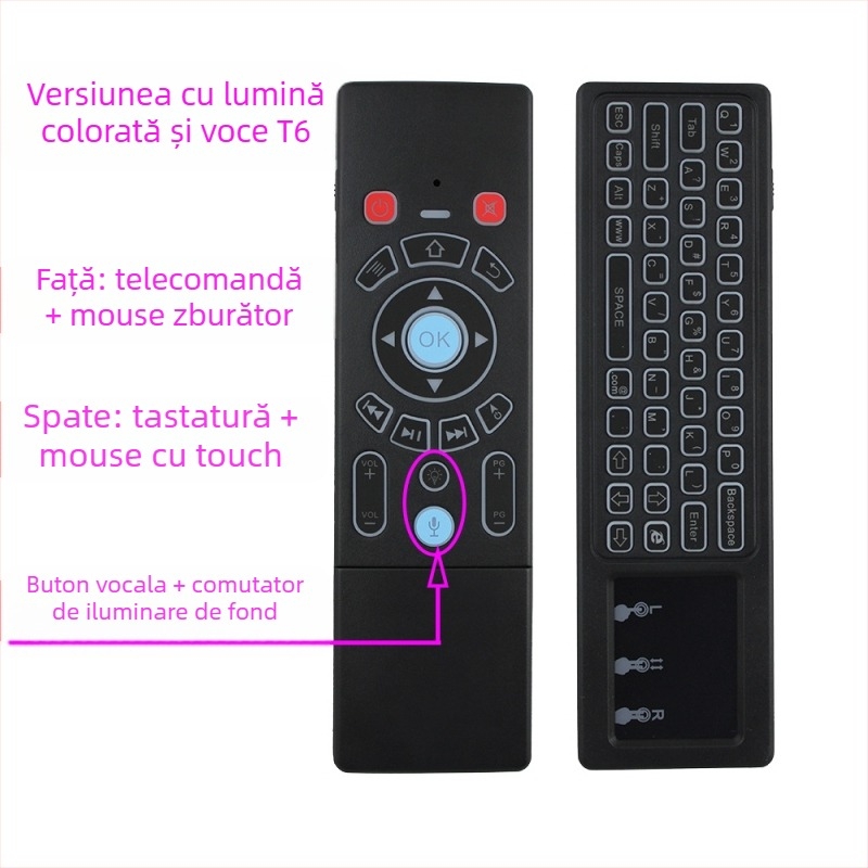 Tastatură și mouse wireless dual‑sided pentru set‑top box, proiector și smart TV — model T6, interfață USB, rază de 10 m, greutate 0,18 kg