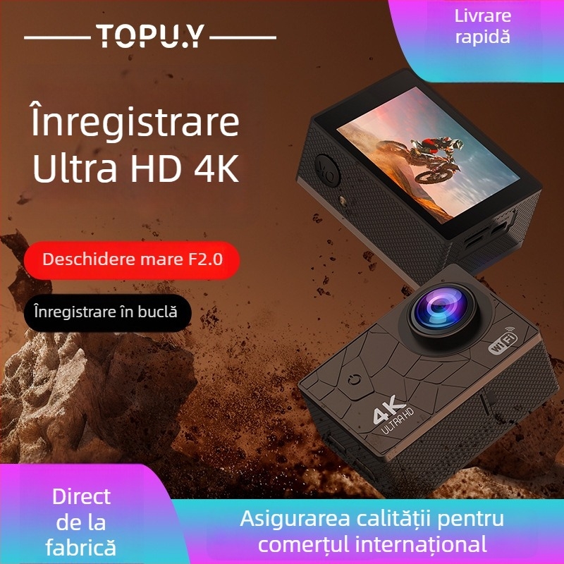 Cameră sport 4K cu Wi-Fi, rezistentă la apă, pentru scufundări și mersul în aer liber — model I5-361, senzor 12 MP, stocare pe card TF, corp ABS, autonomie 180 de minute