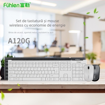 Set wireless Fuhlen A120G – tastatură și mouse, interfețe USB, 1000 DPI, ergonomic, potrivit pentru laptopuri și desktopuri