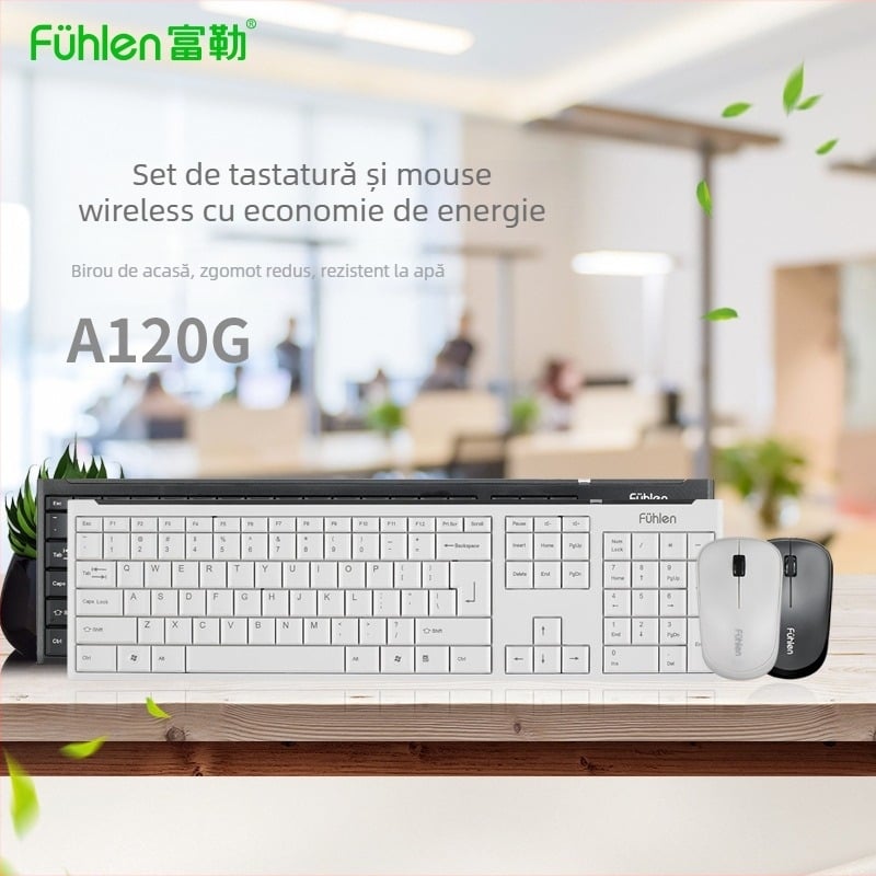 Set wireless Fuhlen A120G – tastatură și mouse, interfețe USB, 1000 DPI, ergonomic, potrivit pentru laptopuri și desktopuri