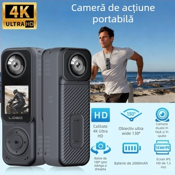 Cameră de acțiune cu două lentile, viziune nocturnă infraroșu, lentilă rotativă, baterie de 10 ore, stocare pe card TF