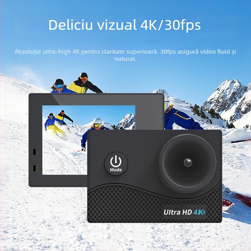 Cameră de acțiune impermeabilă pentru exterior cu 4K30fps, ecran tactil de 2,0 inch, stabilizare EIS, stocare 128GB