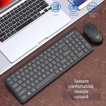Set de tastatură și mouse fără fir, conexiune 2.4G, interfețe USB pentru tastatură și mouse, senzor optic 1600 DPI, greutate 513,4 g