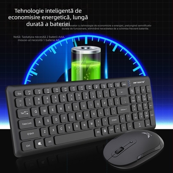 Set de tastatură și mouse fără fir, conexiune 2.4G, interfețe USB pentru tastatură și mouse, senzor optic 1600 DPI, greutate 513,4 g