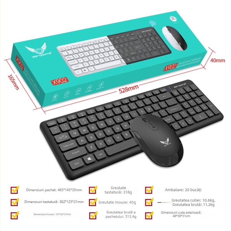 Set de tastatură și mouse fără fir, conexiune 2.4G, interfețe USB pentru tastatură și mouse, senzor optic 1600 DPI, greutate 513,4 g