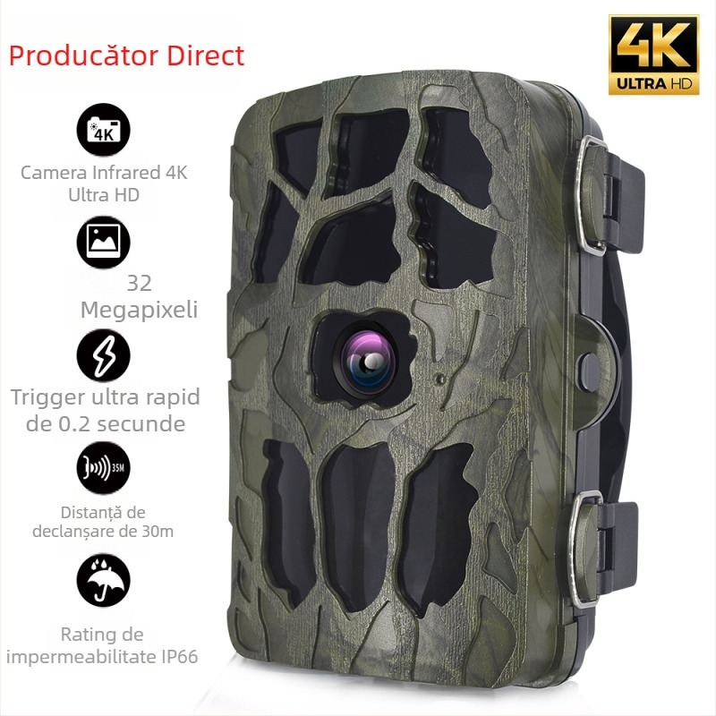 Cameră infraroșu 4K pentru monitorizarea în aer liber a vieții sălbatice, cu vedere de noapte, impermeabilă, ecran LCD de 2,4 inch, stocare MicroSD, autonomie baterie 18 luni