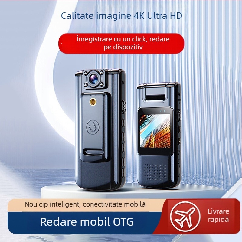 Cameră 4K Ultra HD cu ecran pentru conferințe și înregistrări în exterior, cameră purtabilă cu clips, stocare pe card TF, baterie 5 ore, carcasă ABS