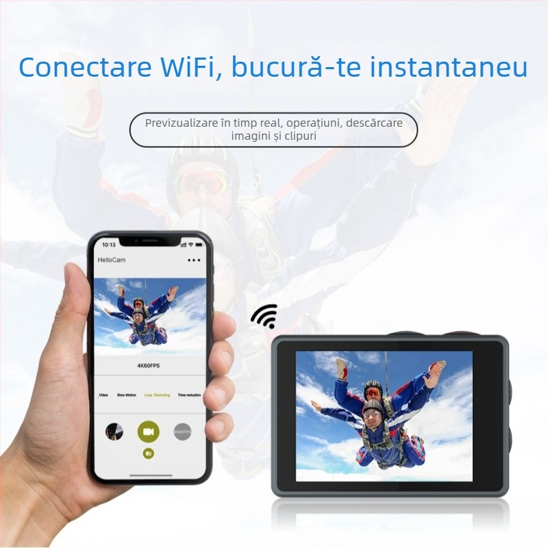 Cameră sport 5K cu stabilizare EIS, Wi-Fi pentru filmare fără fir, 30fps, stocare pe TF card