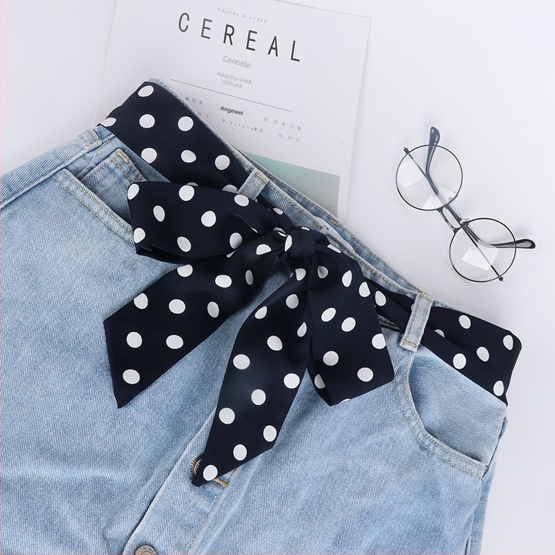 Curea-scarf cu buline pentru femei, material textil, lățime peste 4 cm, cataramă în formă de fundă, stil all‑match