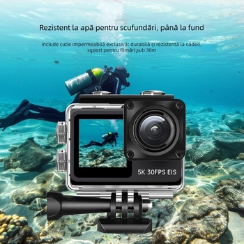 Cameră de acțiune 5K30fps cu Wi‑Fi, două ecrane LCD, corp impermeabil și suport TF pentru carduri, stabilizare electronică a imaginii