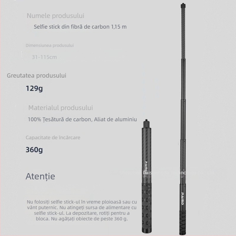 Selfie stick pentru camerele de acțiune Insta360/Gopro – fibră de carbon, 5 secțiuni, model PAISD 115