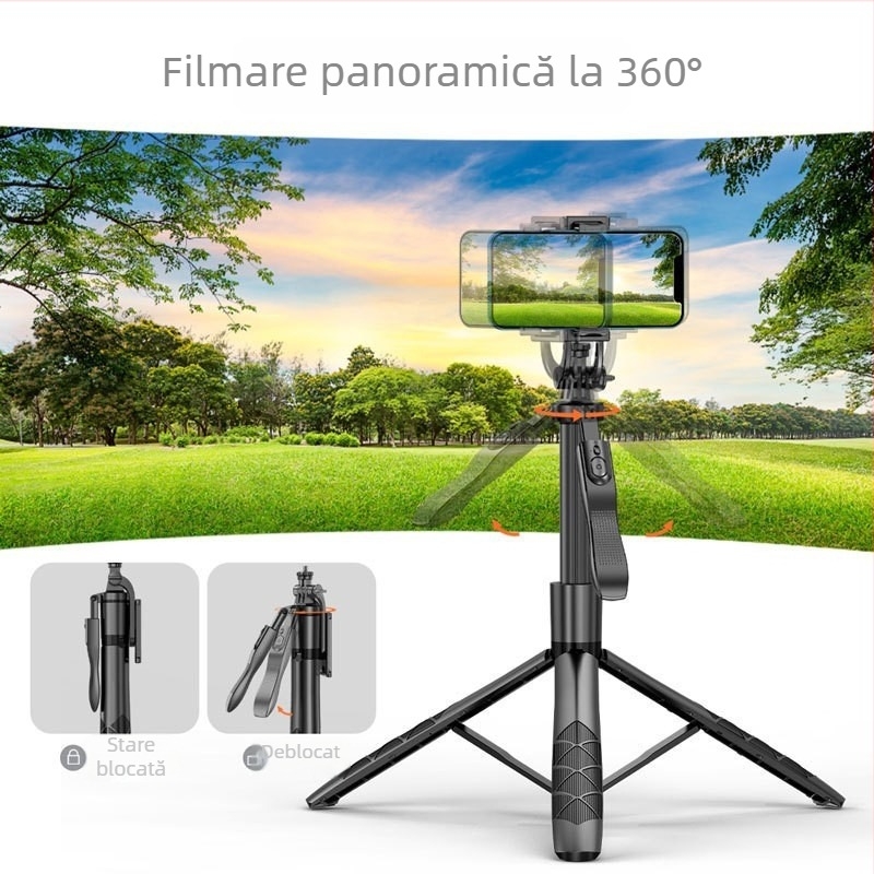 Feisende bețișor de selfie din aliaj de aluminiu, stabilizare anti vibrații, design extensibil, cap pan-tilt, telecomandă Bluetooth și iluminare auxiliară