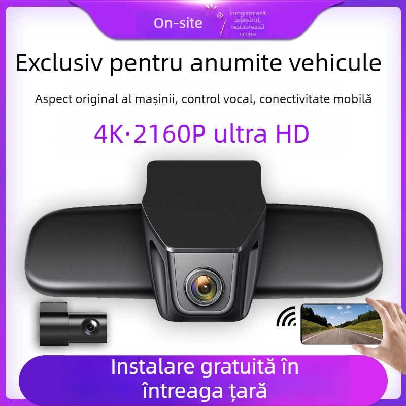 Camera DVR 4K cu lentile duale, vedere de noapte, înregistrare față-spate, Wi‑Fi, montaj pe oglinda retrovizoare