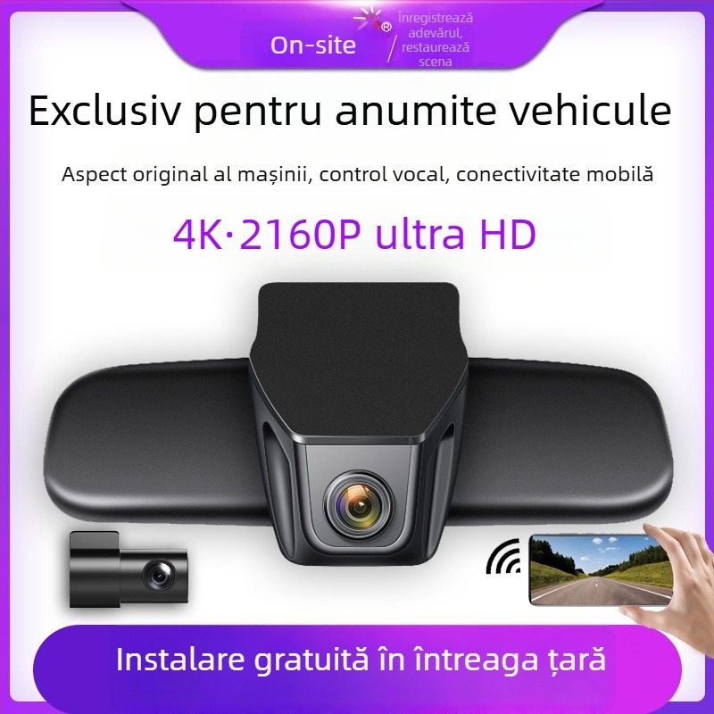 Camera DVR 4K cu lentile duale, vedere de noapte, înregistrare față-spate, Wi‑Fi, montaj pe oglinda retrovizoare
