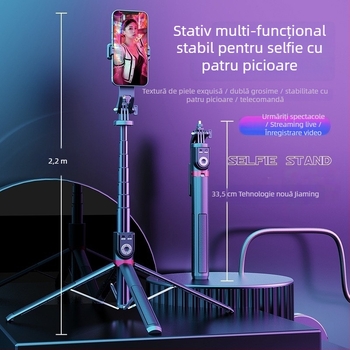 Baston de selfie cu stabilizare anti vibrare și design telescopic, trepied pentru telefon, telecomandă Bluetooth și lumină LED încorporată