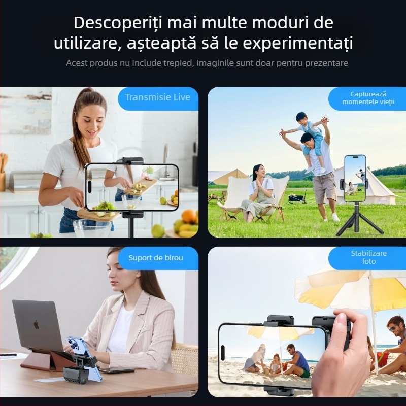 Stabilizator pentru telefon, mini baston pentru selfie – portabil, pentru exterior, telecomandă, Bluetooth, plastic