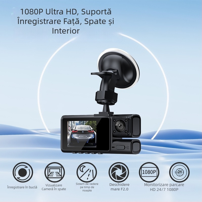 Camera auto 4K Dash Cam cu unghi de 170°, stocare 24h, WiFi, înregistrare cu trei canale