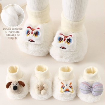 Pantofi bebeluți pentru învățare - design Cartoon, talpă PU, partea superioară velur moale, talpă interioară din lână-cashmere, căptușeală din bumbac