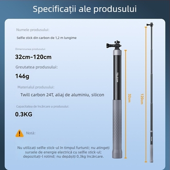 Telesin selfie stick din carbon GP-MNP-002 pentru cameră de acțiune universală (Pachet: 1× selfie stick)