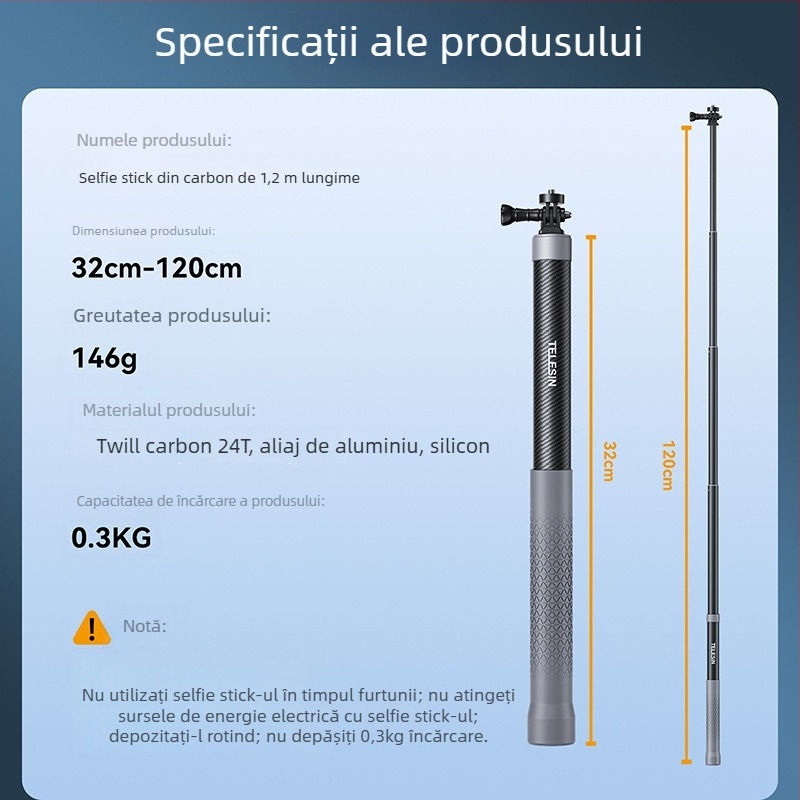 Telesin selfie stick din carbon GP-MNP-002 pentru cameră de acțiune universală (Pachet: 1× selfie stick)