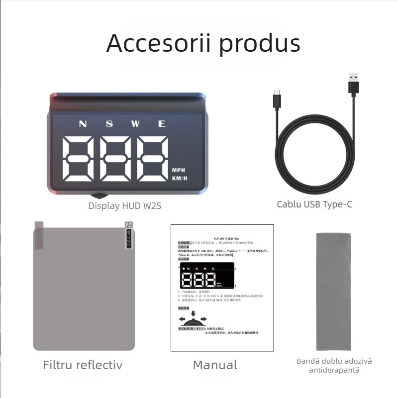 HUD pentru automobil – model W2s-green, alimentare USB, greutate 100 g, universal pentru toate modelele