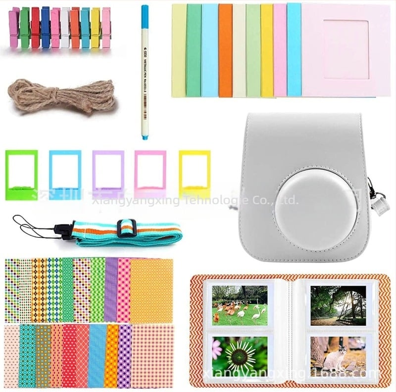 Set accesorii Instax Mini 12/11/9 – 8-in-1 cu geantă pentru cameră, curea, album foto și ramă foto (corp PU, lansat în 2020)