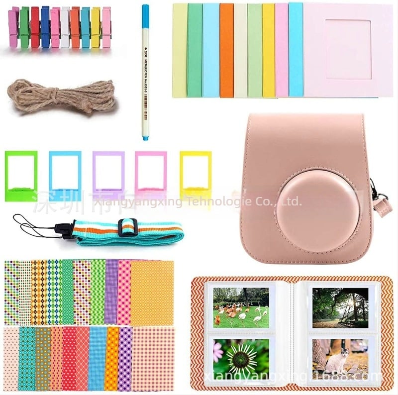 Set accesorii Instax Mini 12/11/9 – 8-in-1 cu geantă pentru cameră, curea, album foto și ramă foto (corp PU, lansat în 2020)