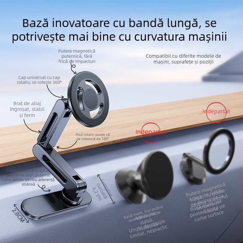 Suport auto pentru telefon cu MagSafe, prindere magnetică, montaj universal pe bord, bandă adezivă lungă pliabilă, aliaj de aluminiu