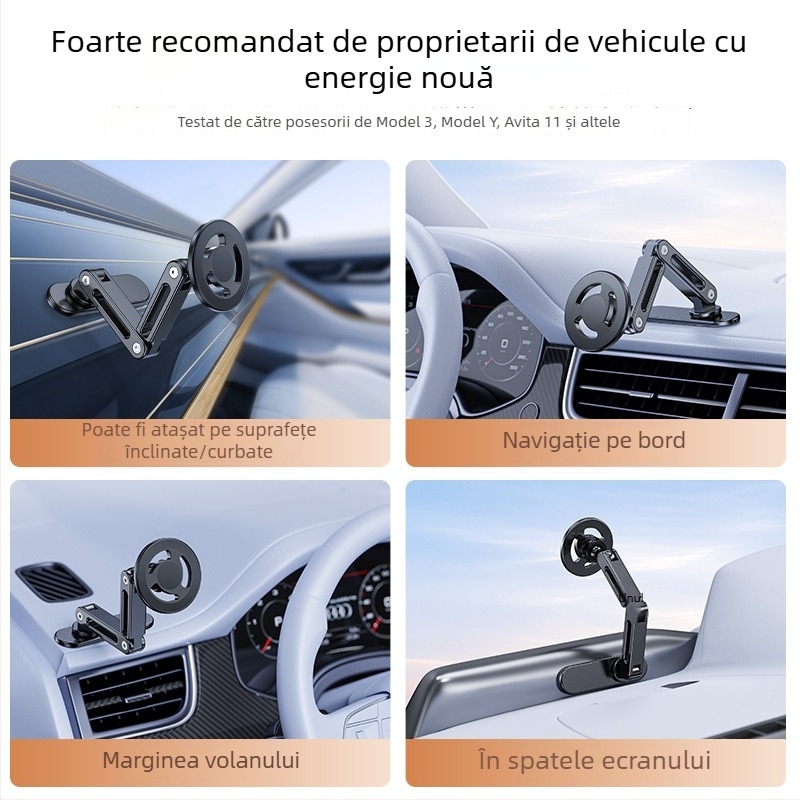 Suport auto pentru telefon cu MagSafe, prindere magnetică, montaj universal pe bord, bandă adezivă lungă pliabilă, aliaj de aluminiu