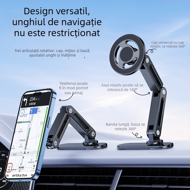 Suport auto pentru telefon cu MagSafe, prindere magnetică, montaj universal pe bord, bandă adezivă lungă pliabilă, aliaj de aluminiu