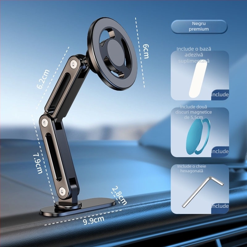 Suport auto pentru telefon cu MagSafe, prindere magnetică, montaj universal pe bord, bandă adezivă lungă pliabilă, aliaj de aluminiu