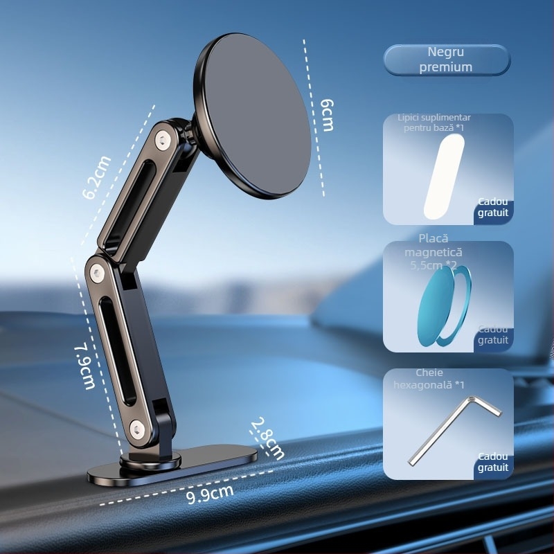Suport auto pentru telefon cu MagSafe, prindere magnetică, montaj universal pe bord, bandă adezivă lungă pliabilă, aliaj de aluminiu