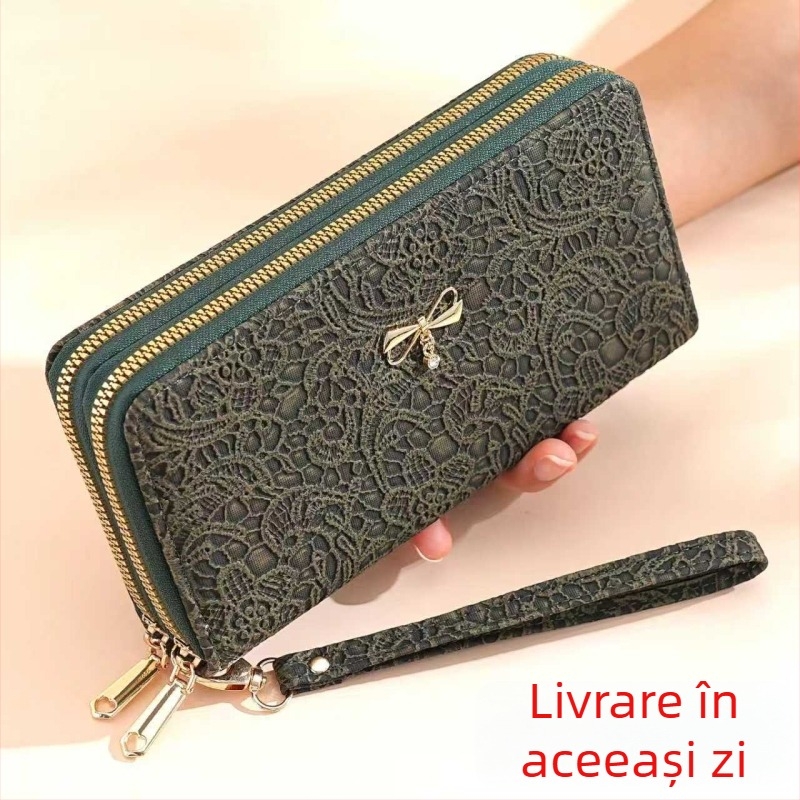 Portofel dama lung, clutch cu fermoar dublu, capacitate mare (material PU, căptușeală poliester, rezistent la apă)