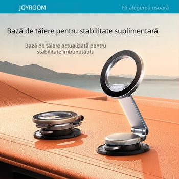 Suport pentru telefon auto cu ventuză magnetică și montaj cu adeziv, corp metalic pliat, stabil pe bord