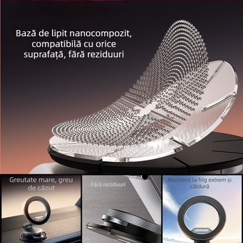 Suport pentru telefon auto cu ventuză magnetică și montaj cu adeziv, corp metalic pliat, stabil pe bord