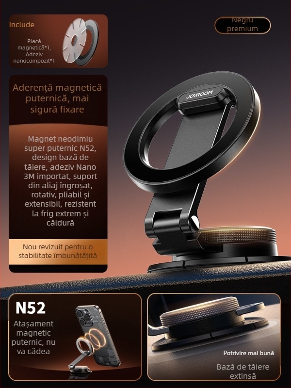 Suport pentru telefon auto cu ventuză magnetică și montaj cu adeziv, corp metalic pliat, stabil pe bord